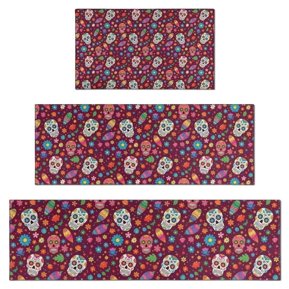Purple Colorful Skull Flower Pattern Kitchen Rugs Sets Of 3,Kitchen Runner Rugs Non Skid Washable,Decorative Kitchen Floor Mats for Kitchen,Sink,Laundry,17"x30"+ 17"x47" + 17"x59"