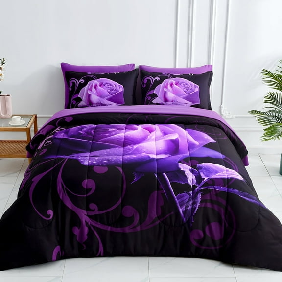 7 Pieces Purple Rose Comforter Set King Size Valentine's Day Bedding With Flat Sheet Fitted Sheet Pillowcases
