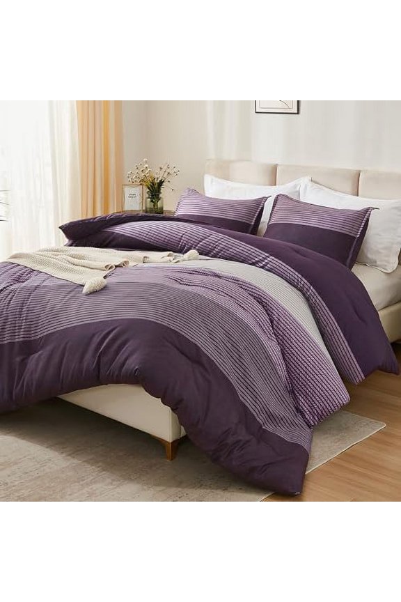 Purple Comforter Set Oversized Queen - 3 Pieces Lightweight Gray Purple Colorblock Stripe Fluffy Bedding Comforter Sets, All Season Bed Set