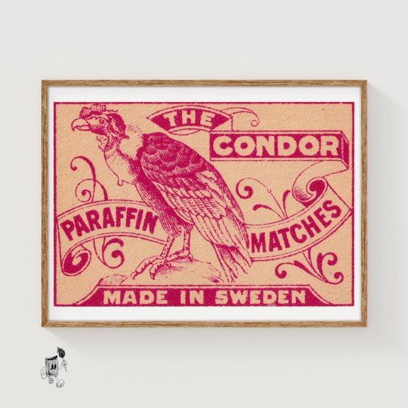 Purple Condor Matchbox Art Print Swedish Vintage Folk Art (Nostalgic Decor)