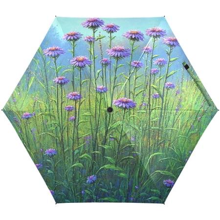 Purple Coneflower Painting Umbrellas for Sun Auto Open Close UV50+ Waterproof 5-Fold Compact Fiberglass Frame