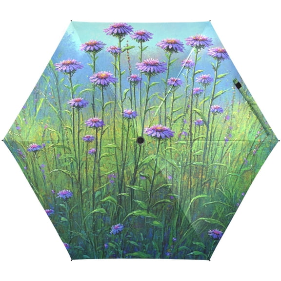 Purple Coneflower Painting Umbrellas for Sun Auto Open Close UV50+ Waterproof 5-Fold Compact Fiberglass Frame