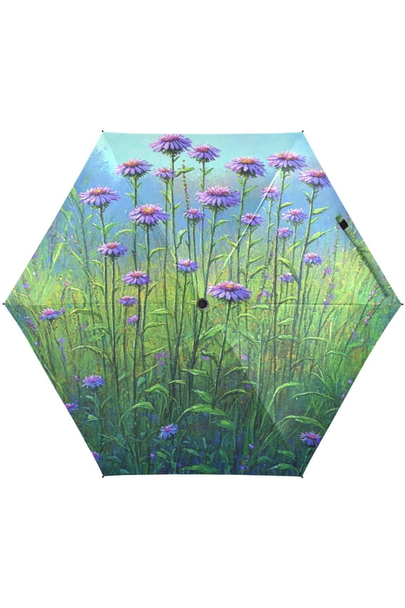 Purple Coneflower Painting Umbrellas for Sun Auto Open Close UV50+ Waterproof 5-Fold Compact Fiberglass Frame