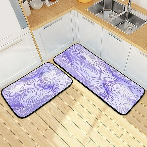 Purple Contour Lines Pattern 2 Piece Non Slip Kitchen Mat Set with Soft Memory Foam Padding