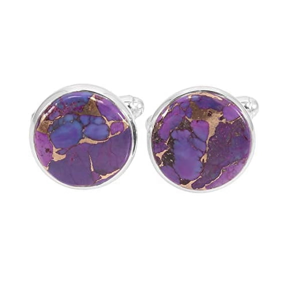 Earth Gems Jewelry Purple Copper Turquoise Cufflinks Set for Men, Sterling Silver Round Gemstone Formal Accessories