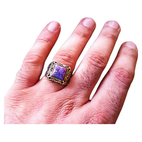 Purple Copper Turquoise Mans Ring, Natural Copper Turquoise, Silver Jewelry, 925 Silver Ring, Birthday Gift, Heavy Mens Ring, Arabic Design, Ottoman Style Ring, Christmas, Turkey Mens Signet Ring