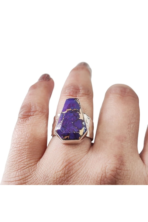 Purple Copper Turquoise Ring, Natural Turquoise Ring, December Birthstone, Hammered Womens Ring, Coffin Ring, 925 Sterling Silver, Christmas, Handmade, Statement Jewelry, Coffin Shape Gemstone Ring