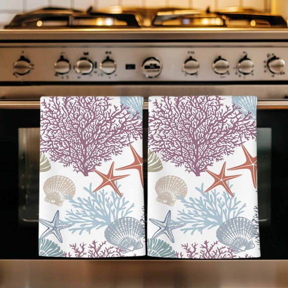 Purple Coral Coastal Kitchen Towels Set of 3, Blue Conch Starfish Nautical Ocean Absorbent Dish Towels for Kitchen, Microfiber Hand Towel, Quick Drying Tea Towel for Cleaning Decorative Dishcloths