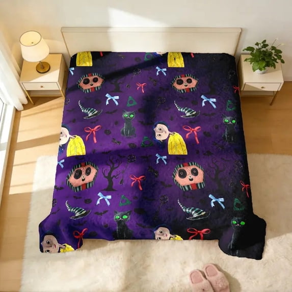 Purple Coraline Sherpa Blanket, Black Cat Bat Key Witch Hat Pattern ...