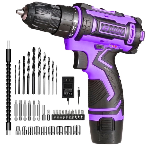 Purple Cordless Drill 12V ,Electric Power Driver Kit,with Drills Bits Set,LED,2 Variable Speed for Home DIY