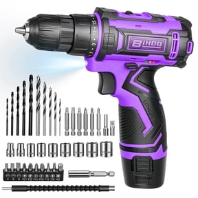 BIHOO Purple Cordless Drill 12V ,Electric Power Driver Kit,with Drills Bits Set,LED,2 Variable Speed for Home DIY