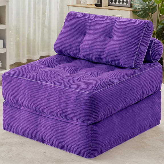 Purple Corduroy Folding Sofa Bed With Tufted Design, Dual Pillows And Back Support For Living Room Or Bedroom