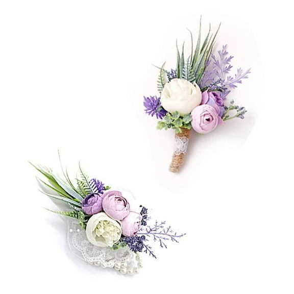 Purple Corsage and Boutonniere Set Artificial Rose Flower Wrist Corsage and Boutineers for Groom Groomsmen Bride Bridesmaids Prom Rustic Vintage Wedding Decor