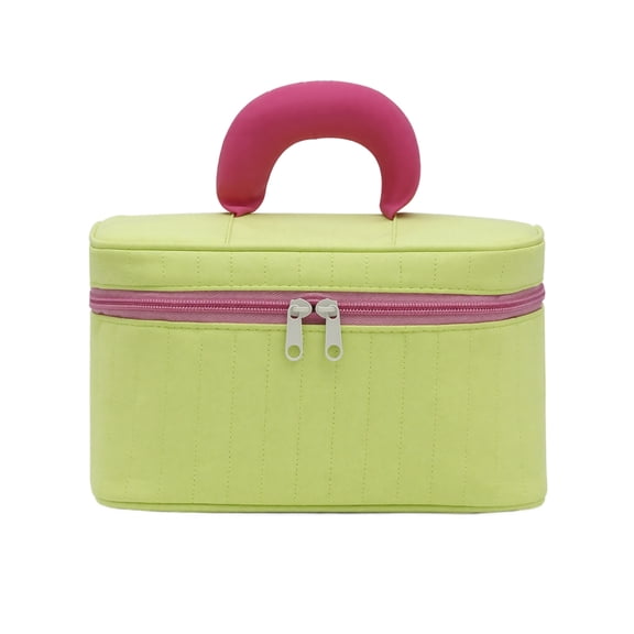 Purple Cosmetic Bag with Handle, Large Capacity Zippered Toiletry Organizer for Travel, Durable Fabric Makeup Pouch with Green Trim for Women, Portable Vanity Case for Bathroom and Gym