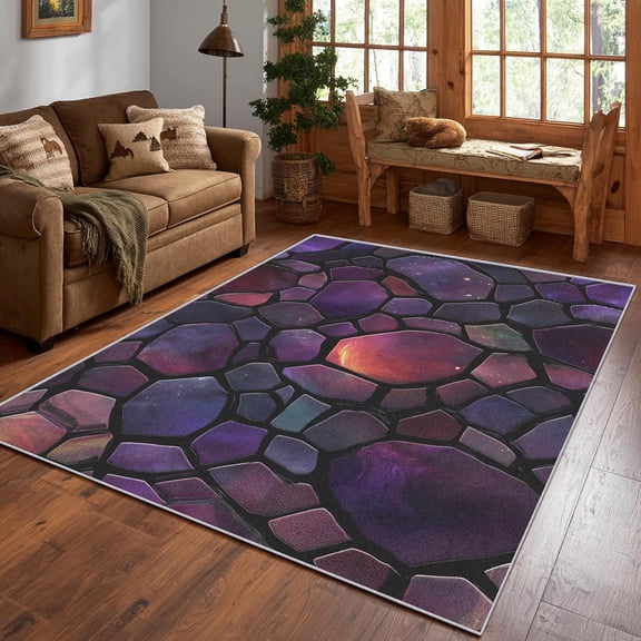 Purple Cosmic Galaxy Area Rug, Abstract Space Stone Pattern Carpet, Washable Non Slip Low Pile Soft Thin, Living Room Bedroom Study Office Entrance Home Decor Mat 5x8ft