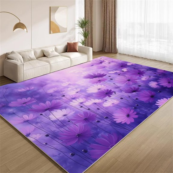 Purple Cosmos Flower Area Rugs, Lavender Gradient Floral Carpet, Washable Non Slip Low Pile Soft Rug for Living Room Bedroom Entryway Home Decor Mat 2ftx3ft