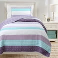 thumbnail image 1 of Purple Cosmos Spring Floral Stripe Garden Lavender Teal & White Ruffle Cotton Twin Reversible Quilt Bedding Set, 1 of 6