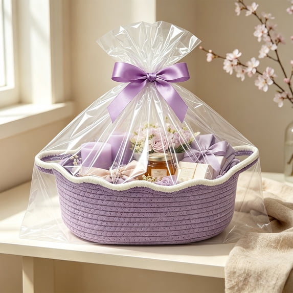 Purple Cotton Rope Woven Storage Basket with Wave Rim Handles for Toy ...