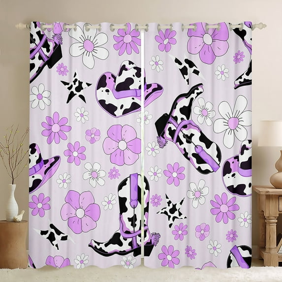 Purple Cowgirl Boot Hat Curtains,Western Milk Cow Print Curtains 30%-50% Blackout Bedroom Decor,Groovy Flower Curtains Rustic Country Farmhouse Window Curtains 2 Panels 42"Wx84"L