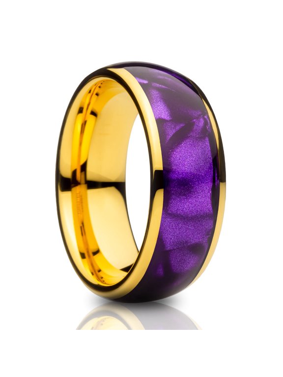 Purple Cowrie Wedding Ring,Yellow Gold Tungsten Ring,8mm Wedding Ring,Anniversary Ring,Engagement Ring,Comfort Fit Ring
