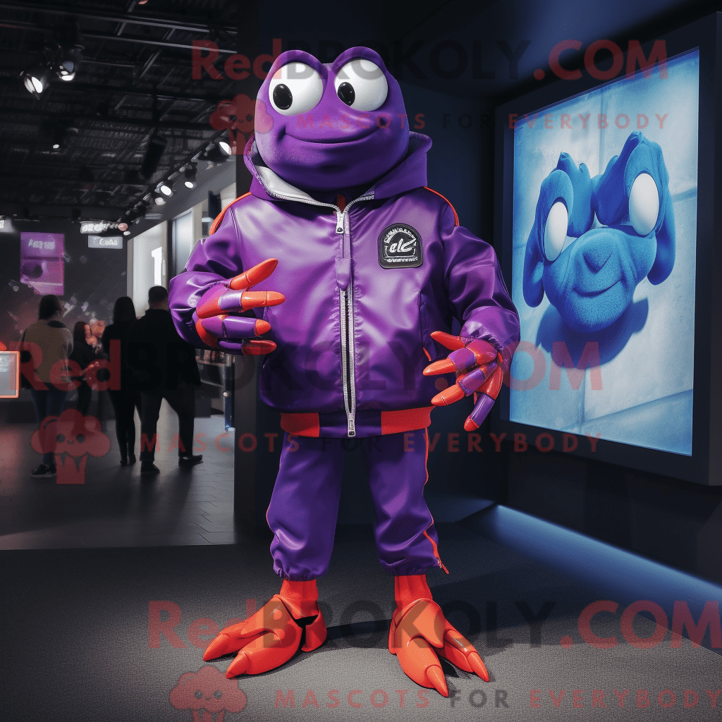 Purple Crab REDBROKOLY mascot costume character dressed with a Bomber ...
