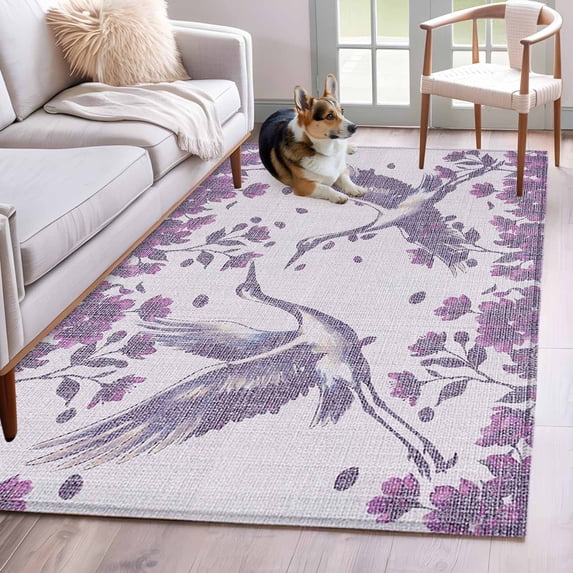 Purple Crane Silhouette Area Rugs 3'x5', Washable Small Throw Rugs for Living Room Bedroom, Modern Abstract Flowers Botanical Indoor Outdoor Rug Non-Slip Low Pile Carpet Runner Reversible Floor Mats