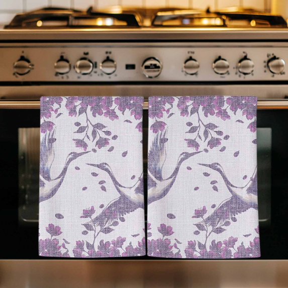 Purple Crane Silhouette Kitchen Towels Set of 1, Modern Abstract Flowers Botanical Absorbent Dish Towels for Kitchen, Microfiber Hand Towel, Quick Drying Tea Towel for Cleaning Decorative Dishcloths