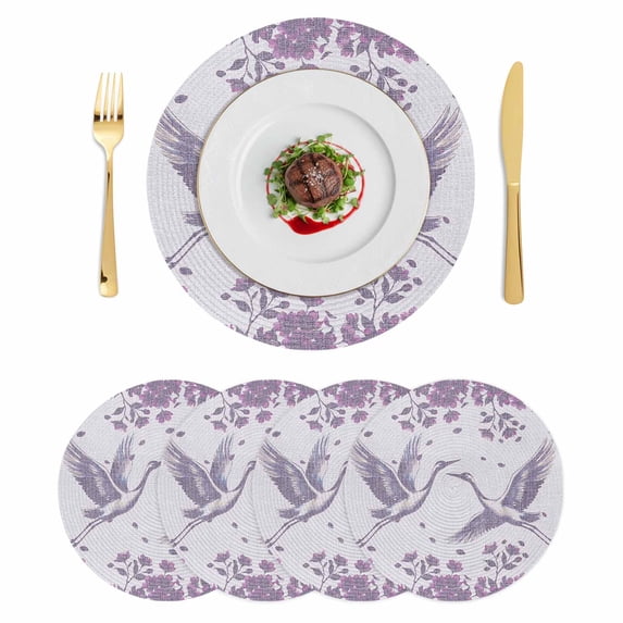Purple Crane Silhouette Round 13 Inch Placemats Set of 4, Modern Abstract Flowers Botanical HeatResistant Non Slip Place Mats for Dining Table, Wipeable Braided Kitchen Table Mats for Housewarming