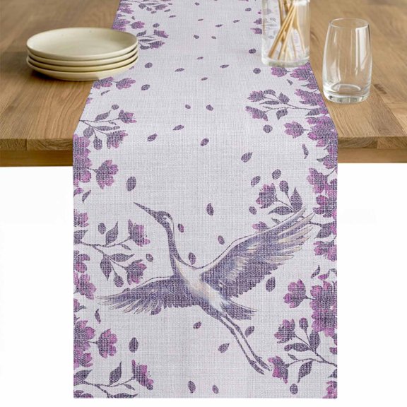 Purple Crane Silhouette Table Runner - 36 Inch Long Modern Abstract Flowers Botanical Cotton and Linen Blended Dress Scarves Farmhouse Table Runner for Kitchen Dining, Coffee Table, 13" x 36"