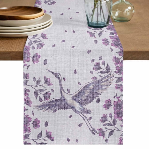 Purple Crane Silhouette Table Runner, Modern Abstract Flowers Botanical Washable Cotton Linen Table Runners 36 Inches Long, Dresser Scarf Runner for Nightstand/End Tables/Round Tables 13''x36''