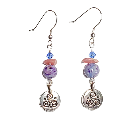 Purple Crazy Lace, Rhodochrosite, and Triskele Charms Earrings