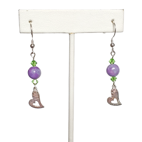 Purple Crazy Lace and Hammered Heart Earrings with Sterling Silver Hooks