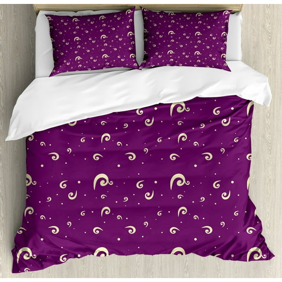 Purple and Cream Queen Size Duvet Cover Set, Abstract Curls on Purple Background Traditional Motifs, Decorative 3 Piece Bedding Set with 2 Pillow Shams, Purple Dark Purple and Cream, by Ambesonne