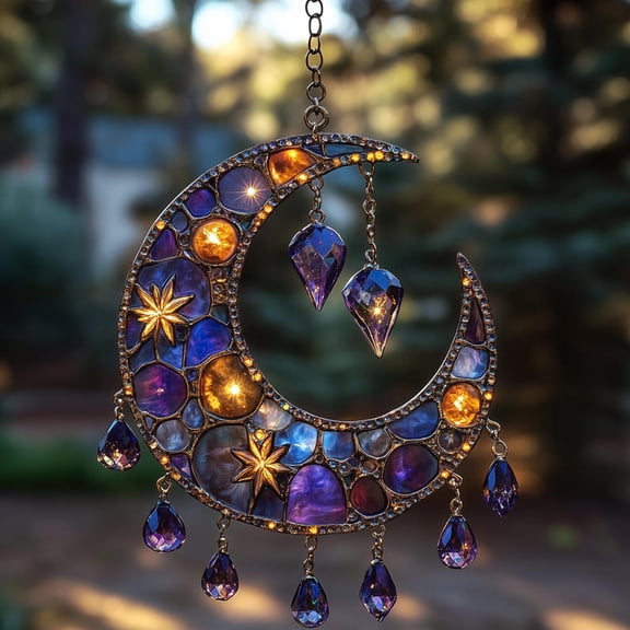 Purple Crescent Moon Acrylic Window Hanging  Celestial Faux Stained Glass Suncatcher With Teardrop Charms, Mystic Witchy Decor Gift