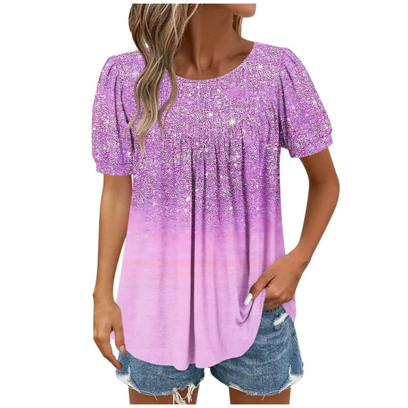 Purple Crew Neck Spandex T Shirt for Ladies Fall Summer Short Sleeve Gradient Loose Fit Casual Pleated Basic Tops T shirt Womens 2025 Clothes Fashion Y2K XL