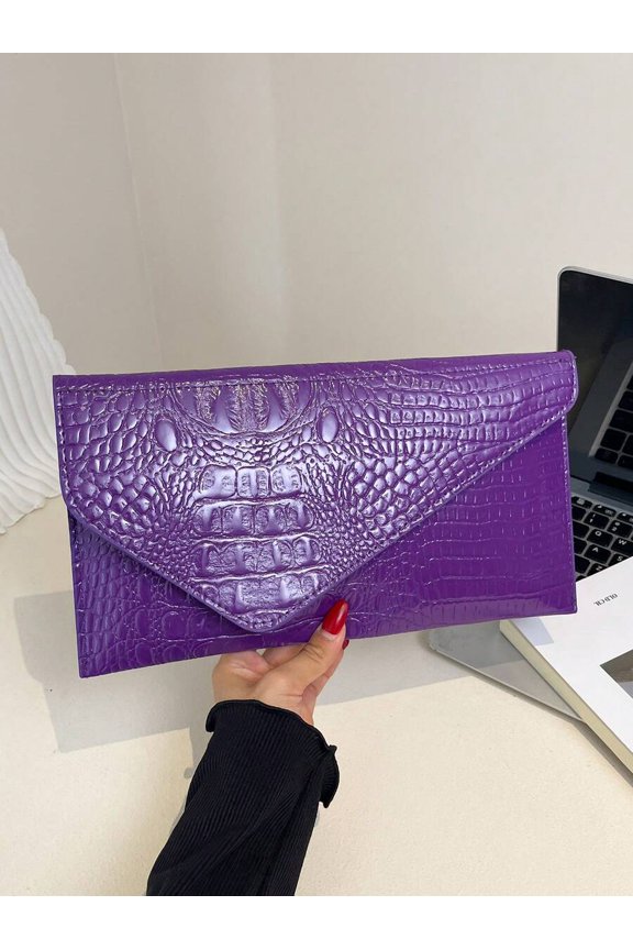 Purple Croc-Embossed Envelope Clutch Handbag For Evening