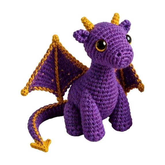 Purple Crochet Dragon Stuffed Animal with Yellow Wings and Horns, Cute Handmade Plush Toys for Student Boy Nursery Decor, Birthday Gift 1 Pack