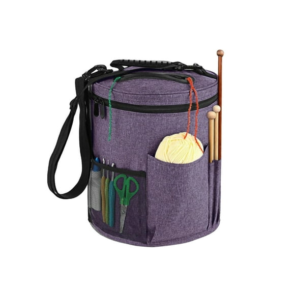 Purple Crochet Yarn Organizer Bag – Large Capacity Knitting Tote with Yarn Feed Holes, Crochet Hook & Tool Pockets – Durable Oxford Yarn Storage Bag for Knitting and Crochet Projects