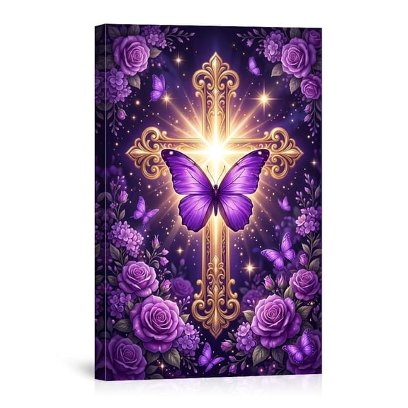 Purple Cross With Butterfly And Roses Wall Art, Christian Religious Poster Decor For Home