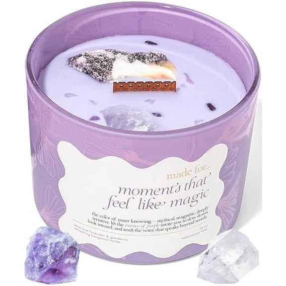 Purple Crystal Candle for Women 12oz Large Luxury Soy Wax with Crackling Wood Wick, Slow Burn Meditation with Healing Crystals, Birthday or Mothers Day Gift