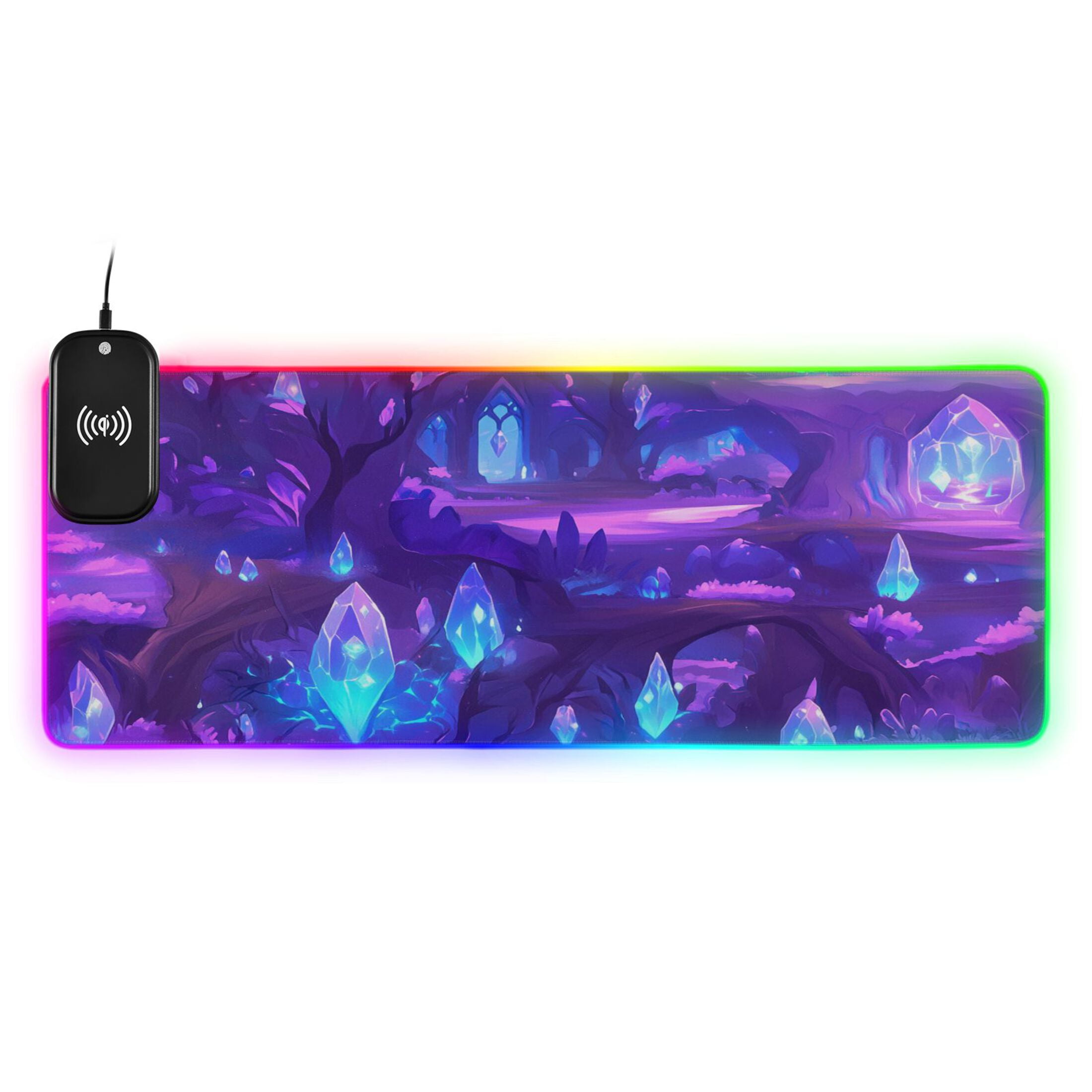 Purple Crystal Forest Large RGB Gaming Mouse Pad with Fast Wireless Charging, 31.5''x11.8''