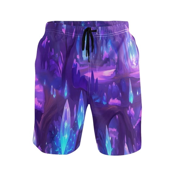 Purple Crystal Forest Mens Swim Trunks Quick Dry Board Shorts Breathable Fit Beach Shorts Swimwear