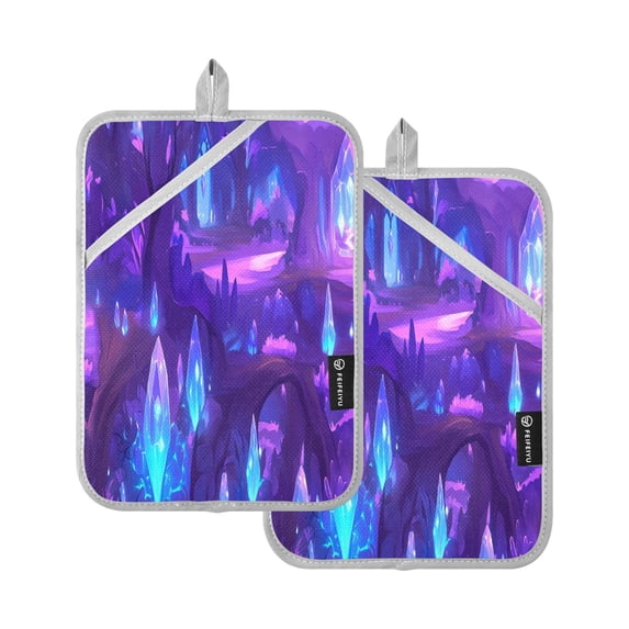 Purple Crystal Forest Set of 2 Heat-Resistant Quilted Pads, Silver Polyester, 7" x 9.8"