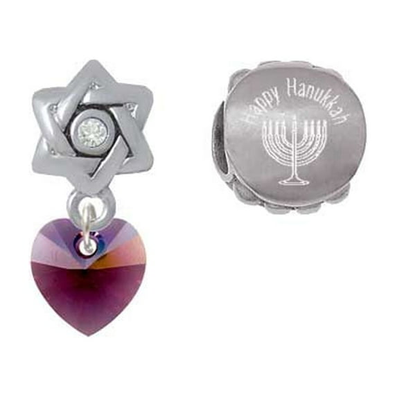 Purple Crystal Heart Happy Hanukkah Charm Beads (Set of 2)