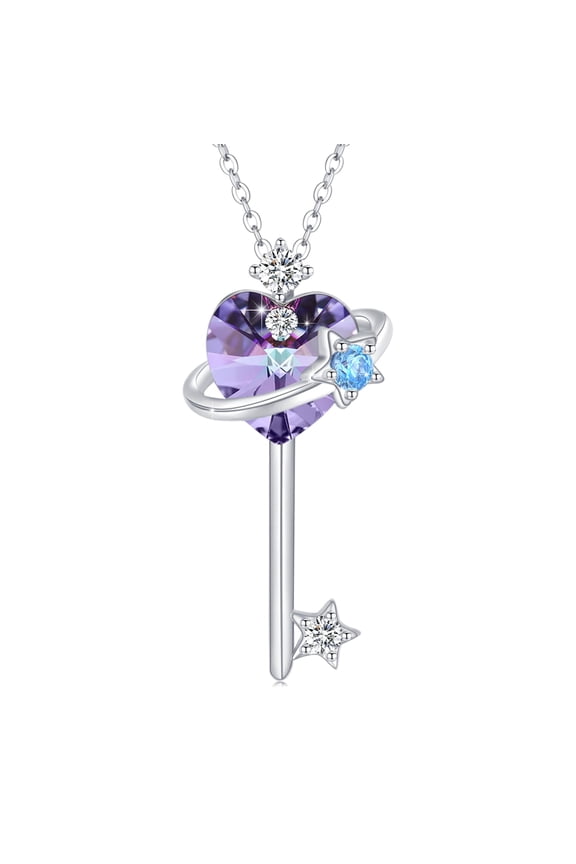 Purple Crystal Heart Key Pendant Necklace 925 Sterling Silver Key Necklace Planet Pendant Jewelry Gifts for Women Wife Mom Birthday Mother's Day
