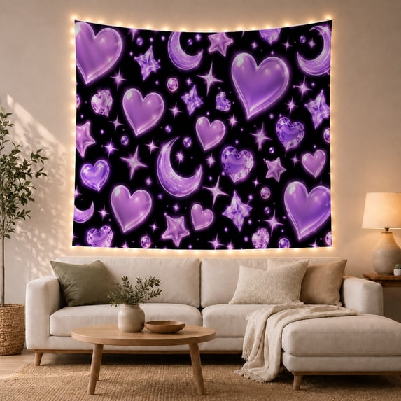 Purple Crystal Hearts with Crescent Moons, Romantic Celestial Style for Celestial Art Lovers, Cosmic Wall Decor Valentine's Day Gift, Tapestry Wall Hanging for Bedroom and Dorm