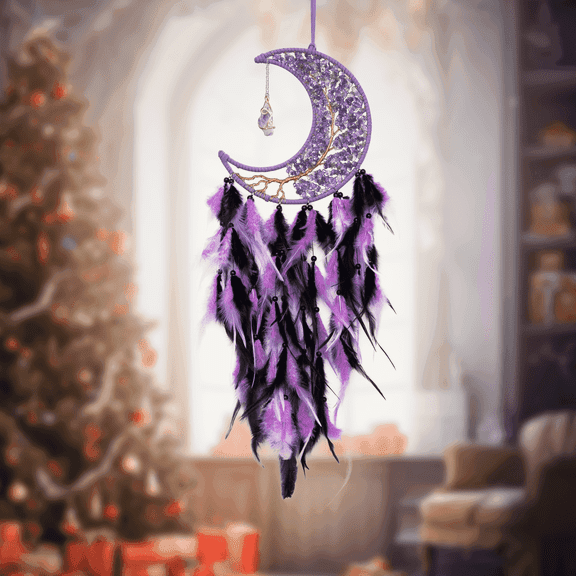 Purple Crystal Moon Dream Catcher with Feathers for Home Garden, Macrame Wall Hanging Decor, Wind Chime for Outside, Housewarming Gift