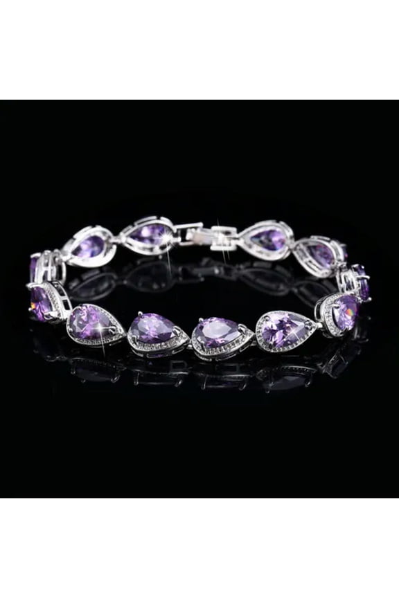 Purple Cubic Zirconia Big Stone Water Drop Chain Link Bracelet Bangle for Ladies