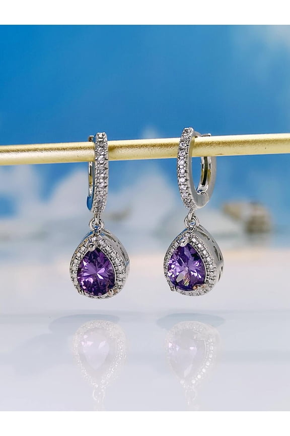 Purple Cubic Zirconia Teardrop Dangle Earrings With Silvertone Halo And Pave Setting