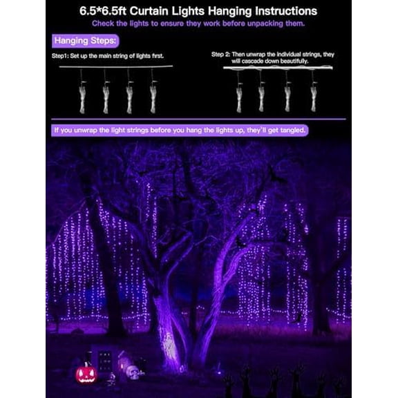 Purple Curtain Lights for Halloween, 200 LED Hanging String Lights with USB Plug, Curtain String Lights Indoor for Bedroom Wall, Christmas, Party, Porch, Holiday Decorations, 6.5ft * 6.5ft